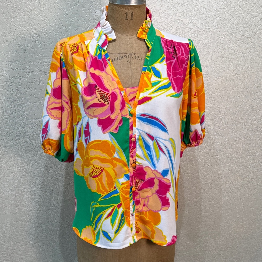 Oddi Women Small Floral Button-Up Multicolor Ruffle‎ Short Sleeve Blouse NWT